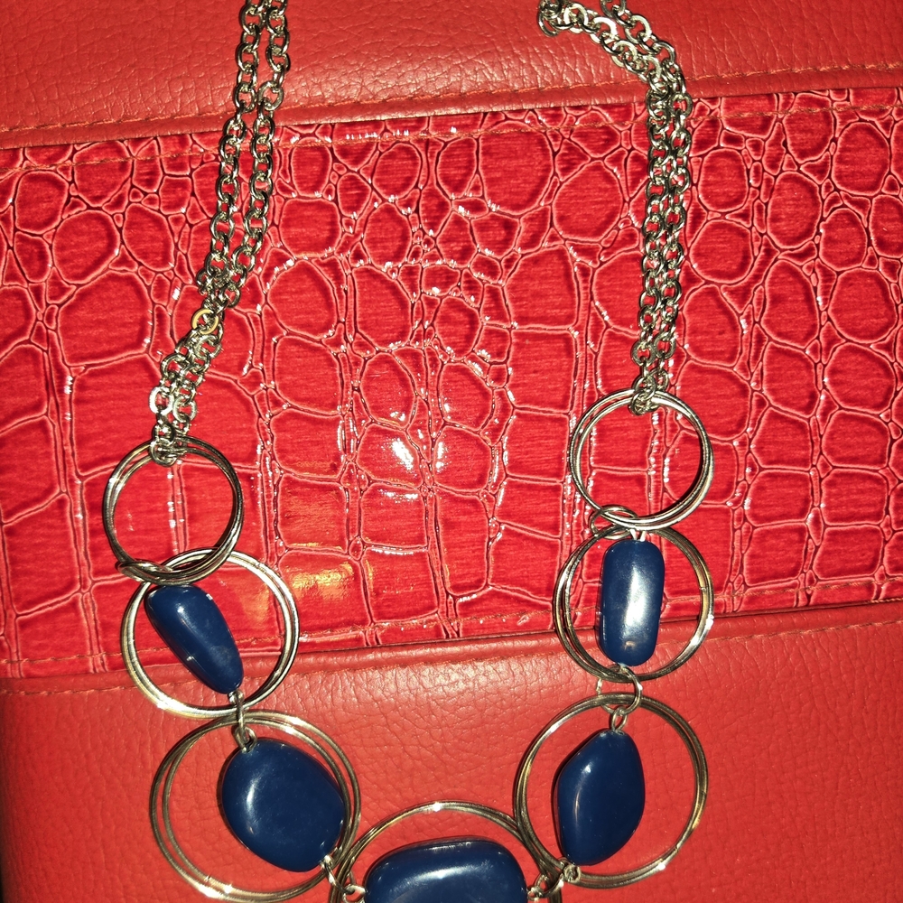 Bold Blue Stone Necklace with Silver Rings - Women Jewelry Necklaces